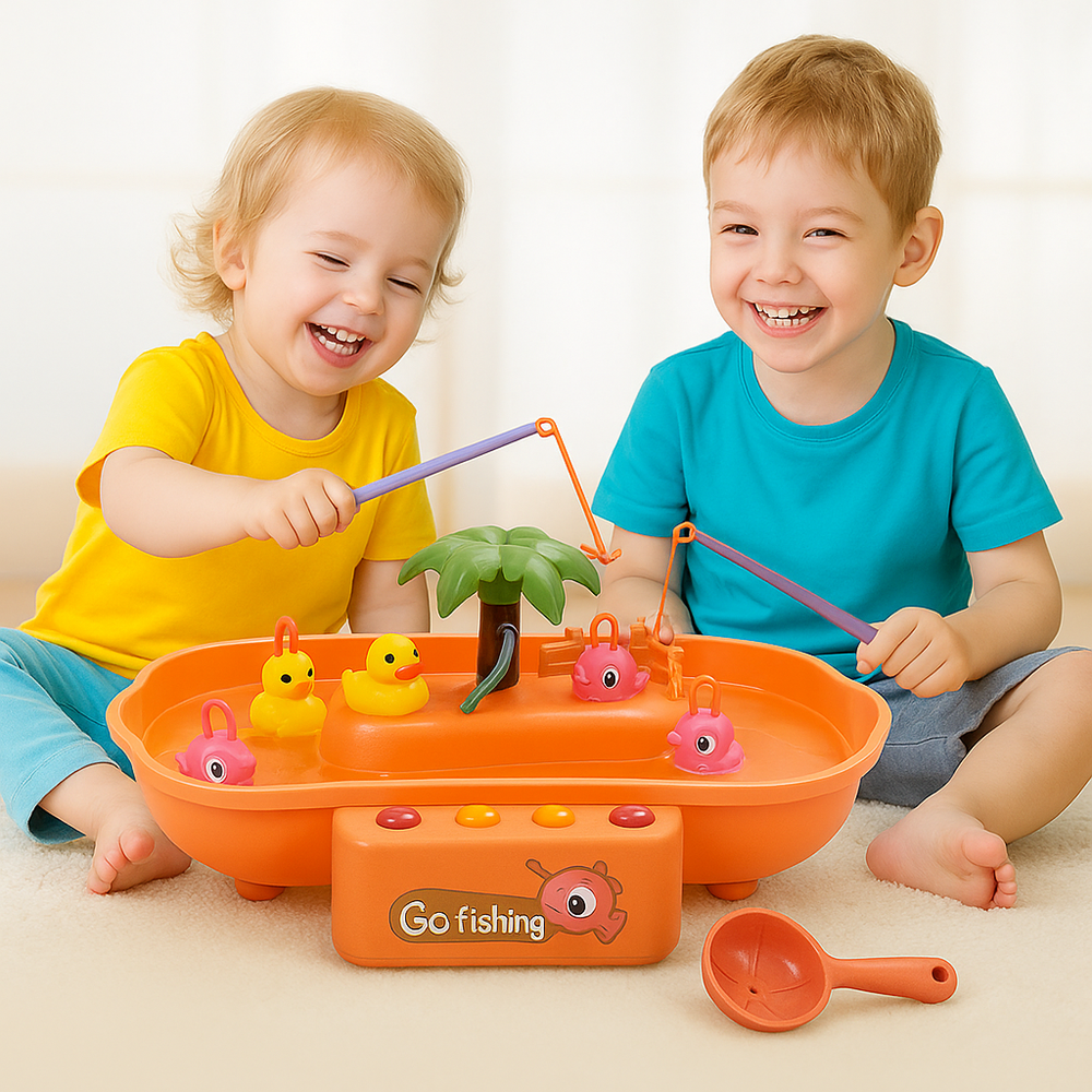 Zwei Kinder angeln gemeinsam mit den Angeln im Angelspiel