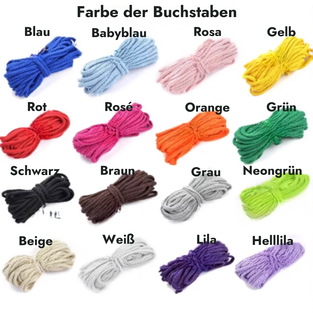 Die sechzehn verfügbaren Kordelfarben für die Buchstaben