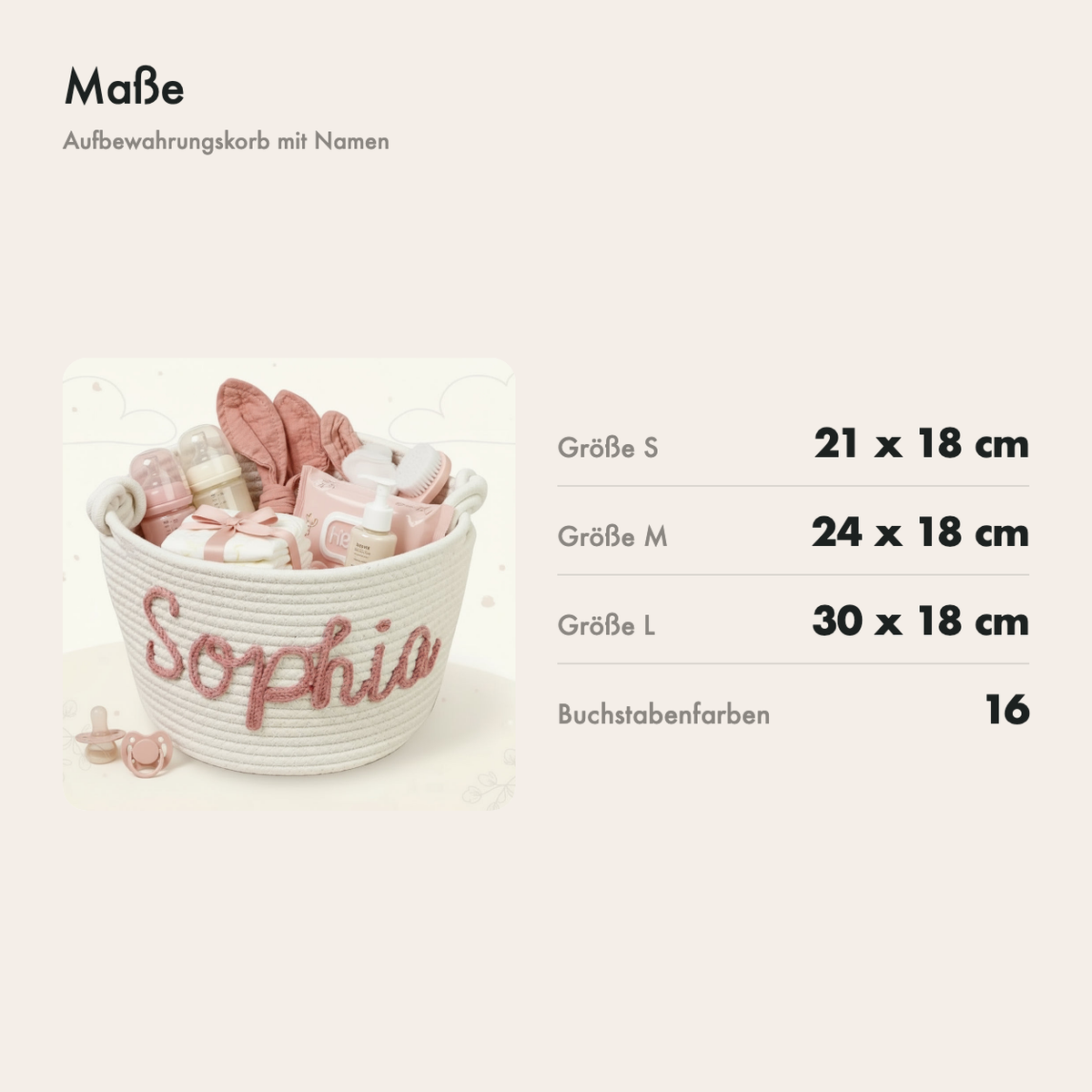 Maße des Aufbewahrungskorbs: S 21 cm, M 24 cm und L 30 cm breit, alle 18 cm hoch