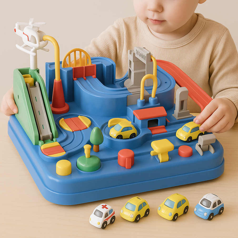 Autorennbahn für Kinder mit vier Autos, mechanisch ohne Batterien