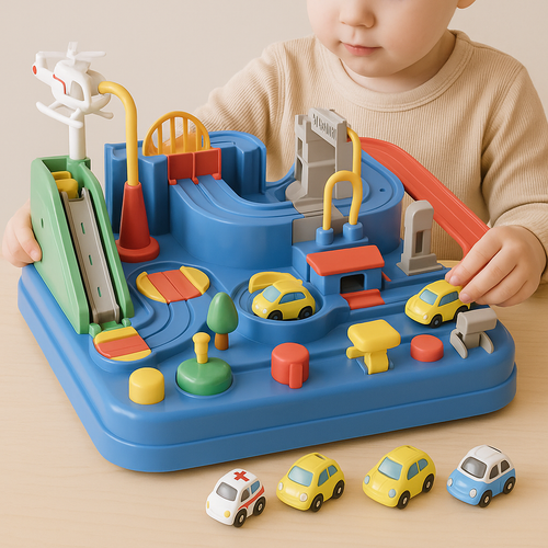 Autorennbahn für Kinder mit vier Autos, mechanisch ohne Batterien