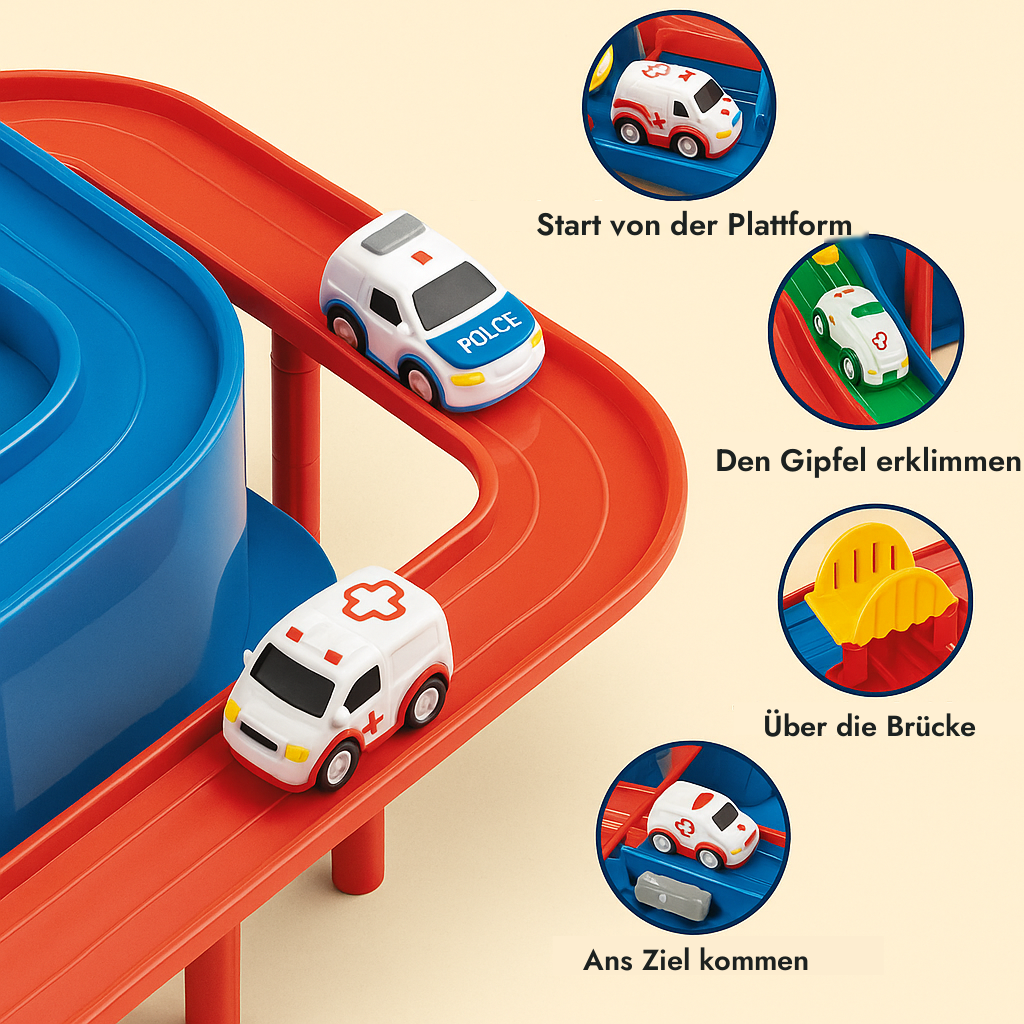 Die vier Autos: Polizeiauto, Krankenwagen und zwei Rennwagen