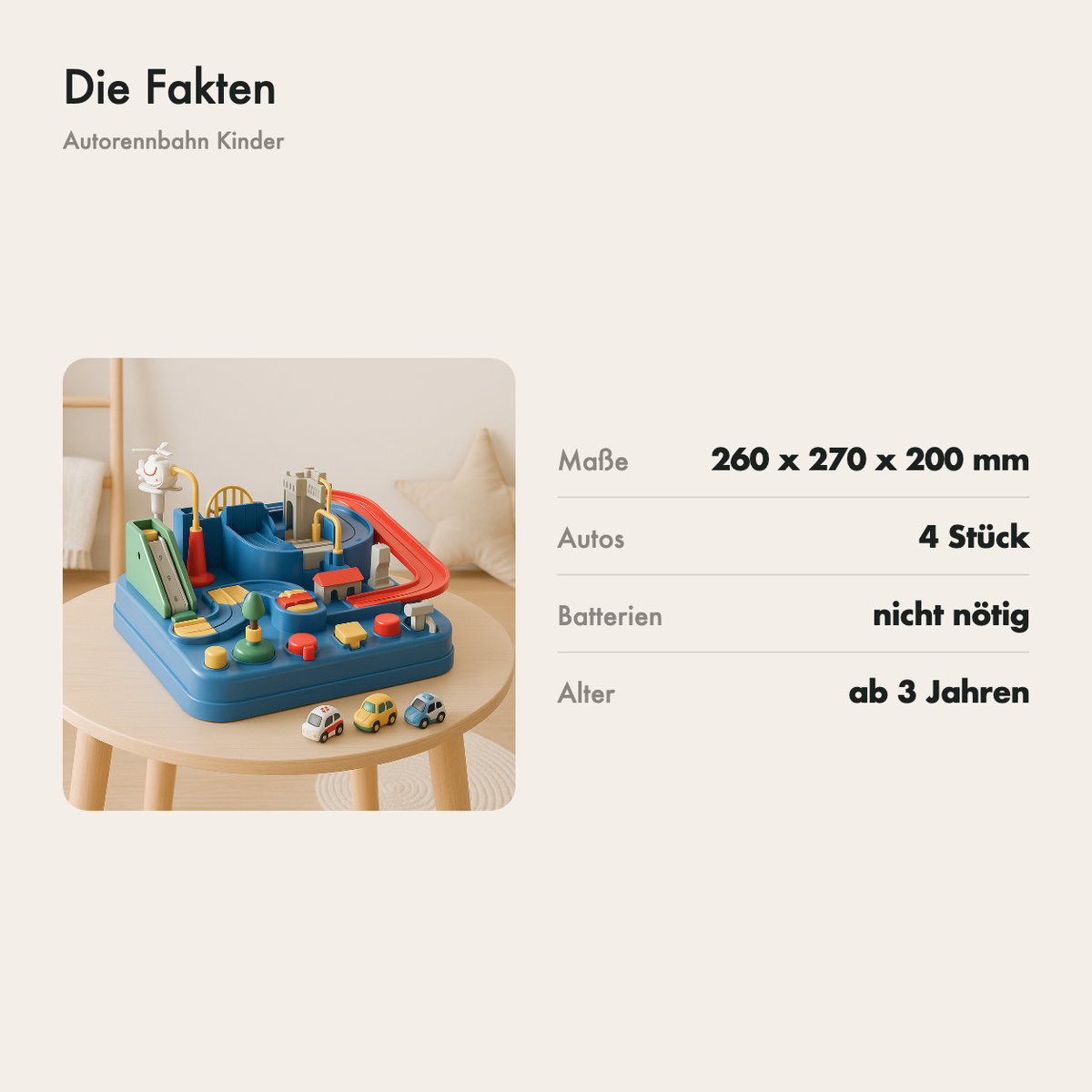 Maße der Autorennbahn: 260 x 270 x 200 mm