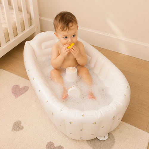 Baby sitzt in der aufblasbaren Babybadewanne mit Wasser und Schaum