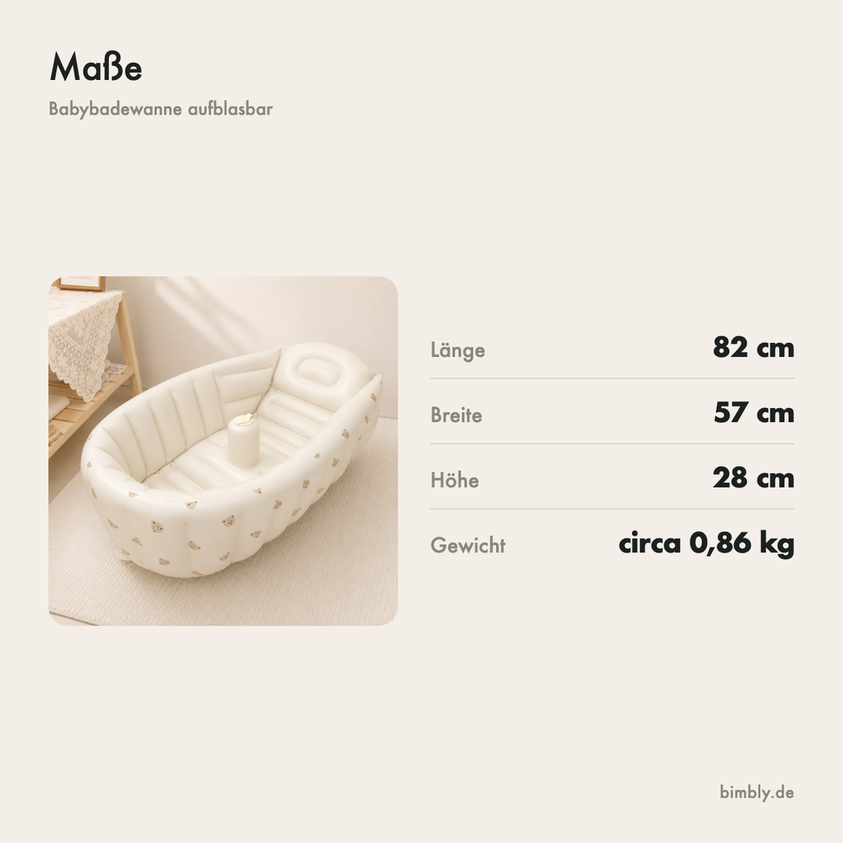 Maße der aufblasbaren Babybadewanne: 82 x 57 x 28 cm
