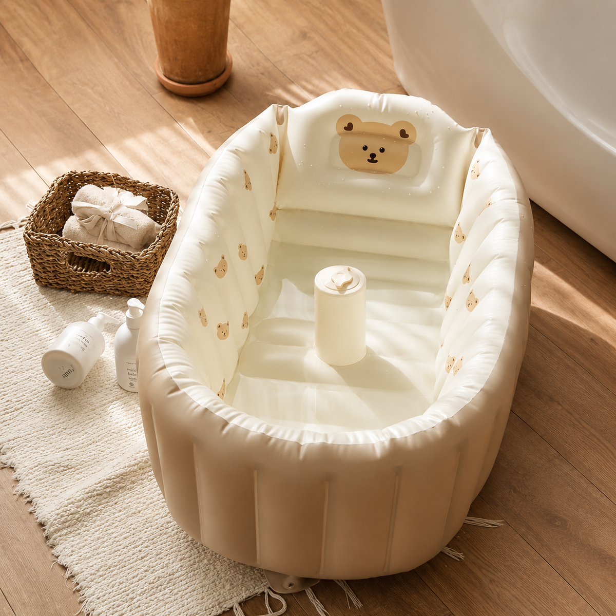 Detail der aufblasbaren Rückenstütze in der Babybadewanne