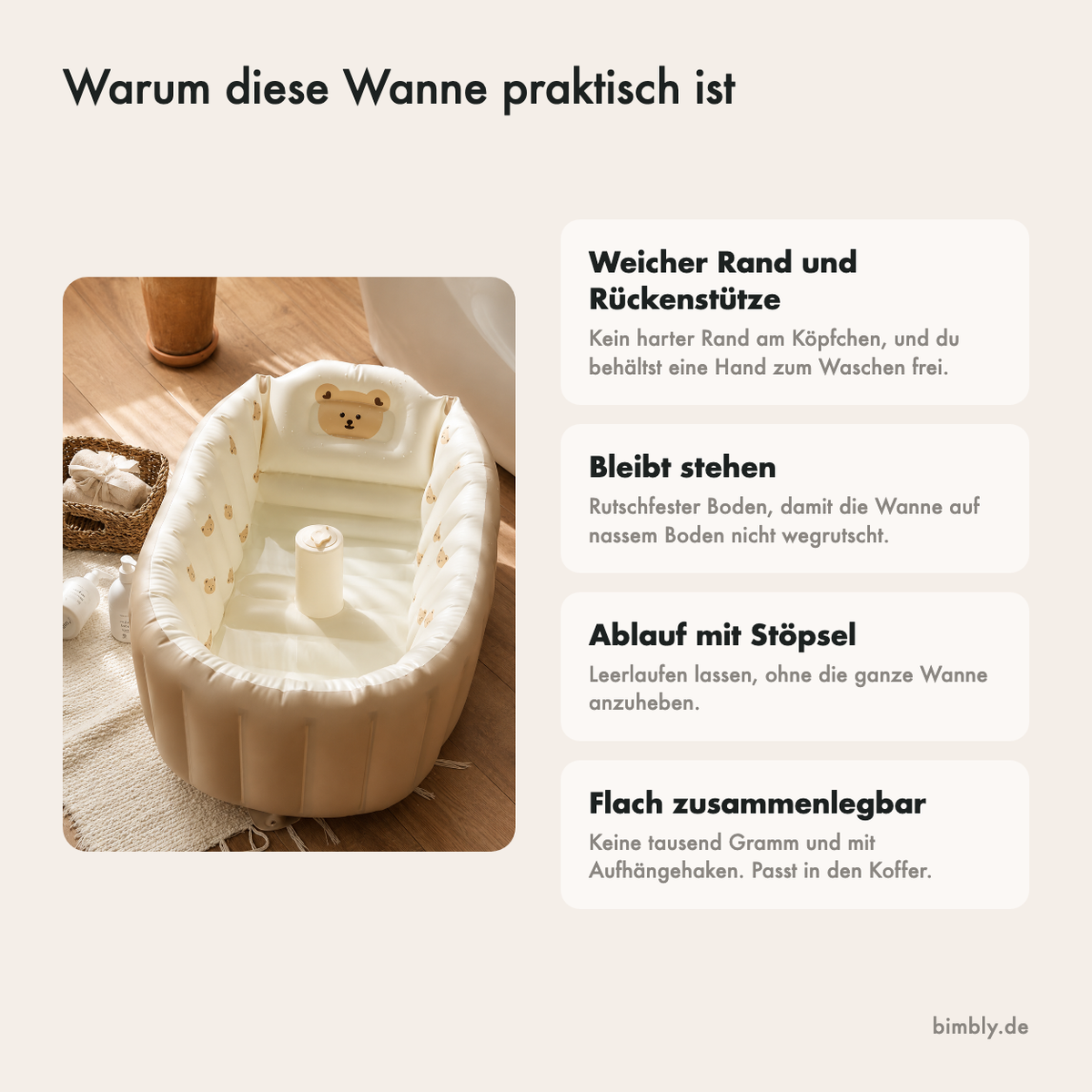 Warum diese Wanne praktisch ist: Rückenstütze, rutschfester Boden, Ablaufloch und flach zusammenfaltbar