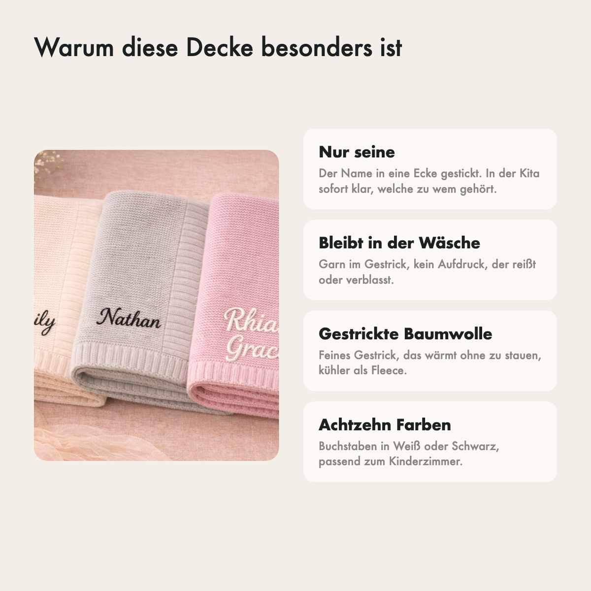 Warum diese Decke besonders ist: Name gestickt, achtzehn Farben, zwei Buchstabenfarben und gestrickte Baumwolle