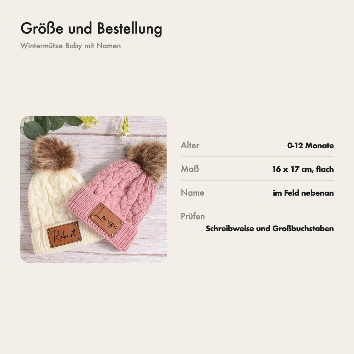 Maße der Babymütze: 16 x 17 cm, für 0 bis 12 Monate