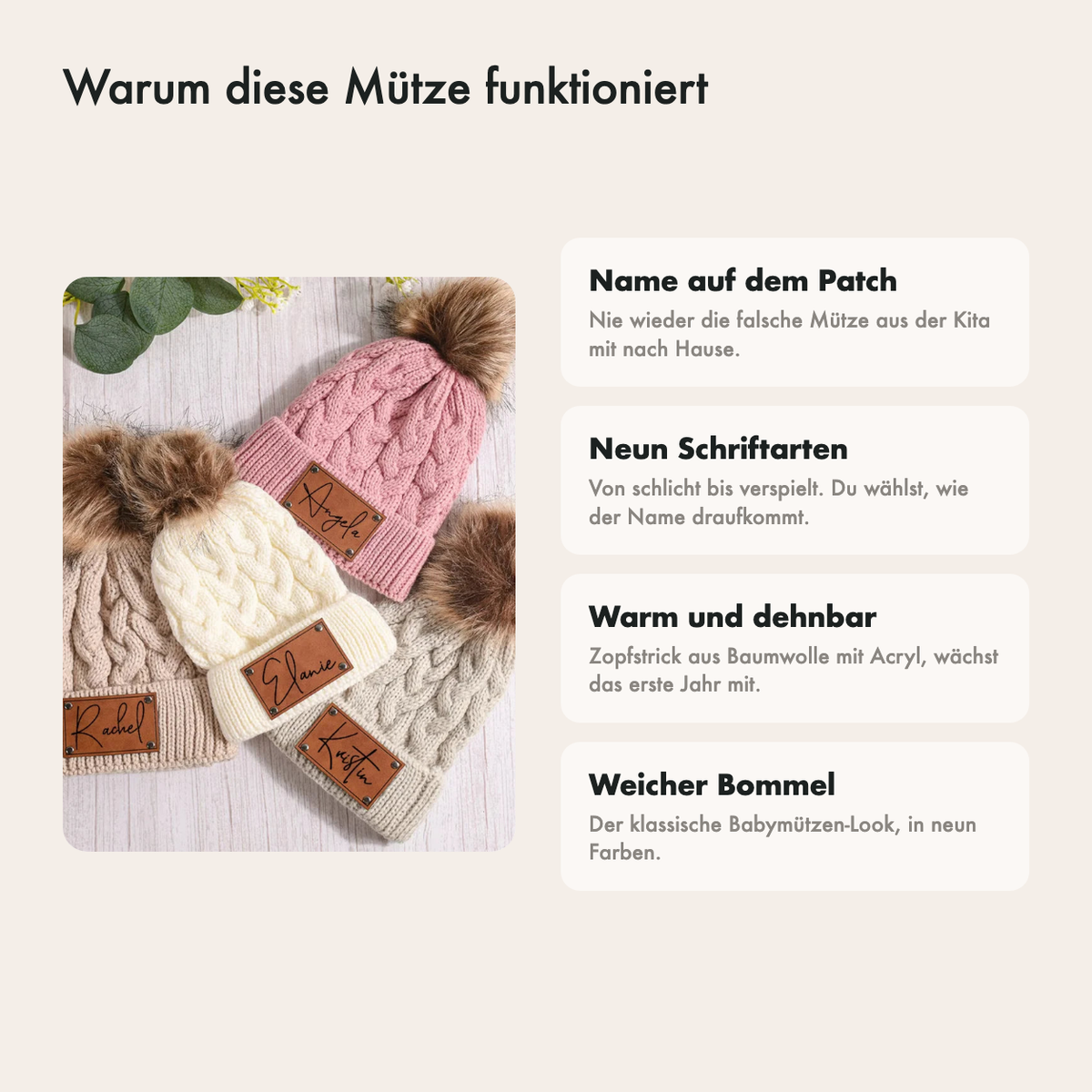 Warum diese Mütze schön ist: Name auf dem Patch, weicher Bommel, neun Farben und warmes Gestrick