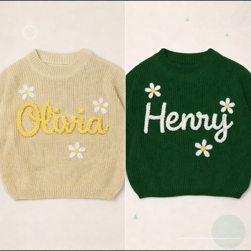 Beiger und armeegrüner Babypullover mit Margeriten und den Namen Olivia und Henry