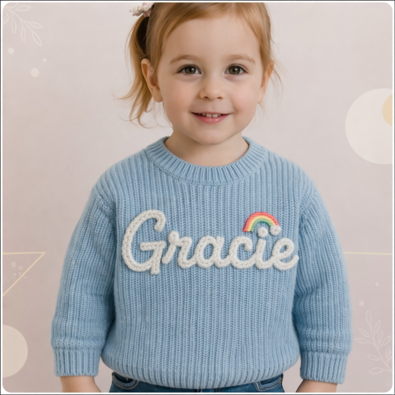 Kind trägt einen hellblauen Babypullover mit dem Namen Gracie und einem Regenbogen