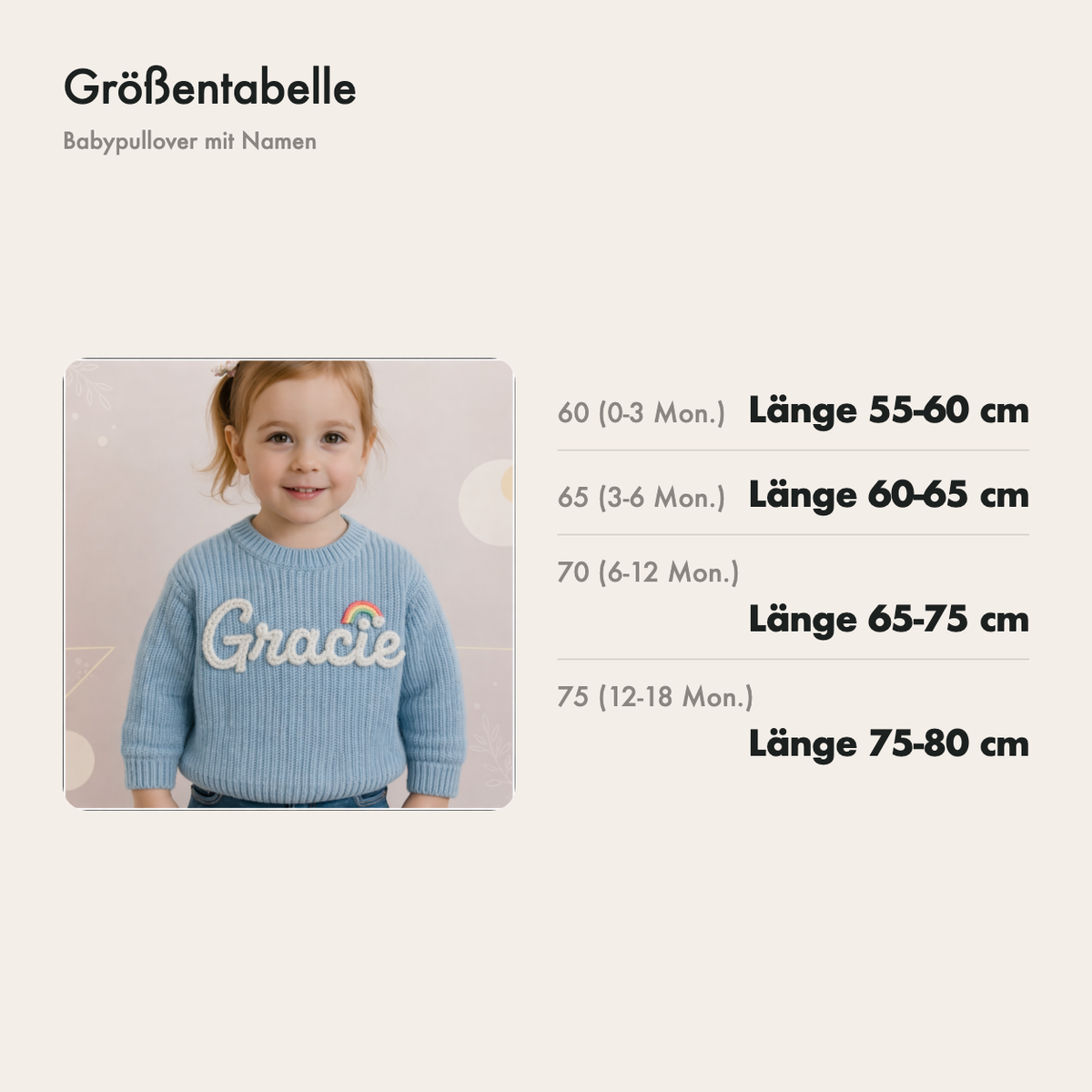 Größentabelle des Babypullovers: Größe 60 bis 75, für 0 bis 18 Monate