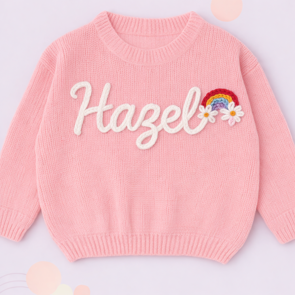 Rosa Babypullover mit dem Namen Hazel und einem Regenbogen