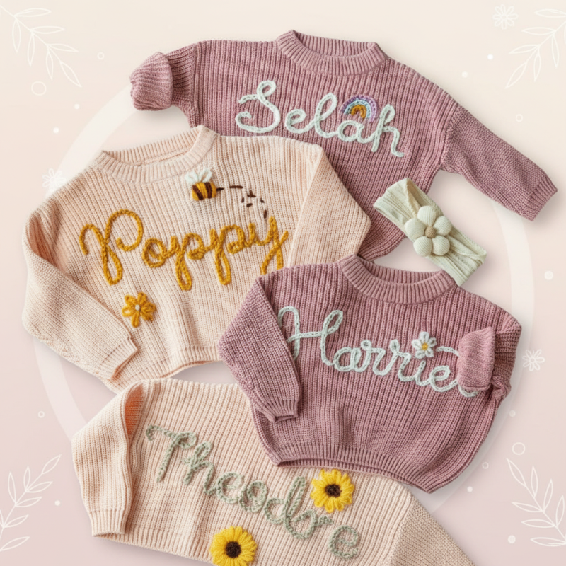 Drei Babypullover mit den Namen Selah, Poppy und Harriet, mit Biene und Blume als Motiv