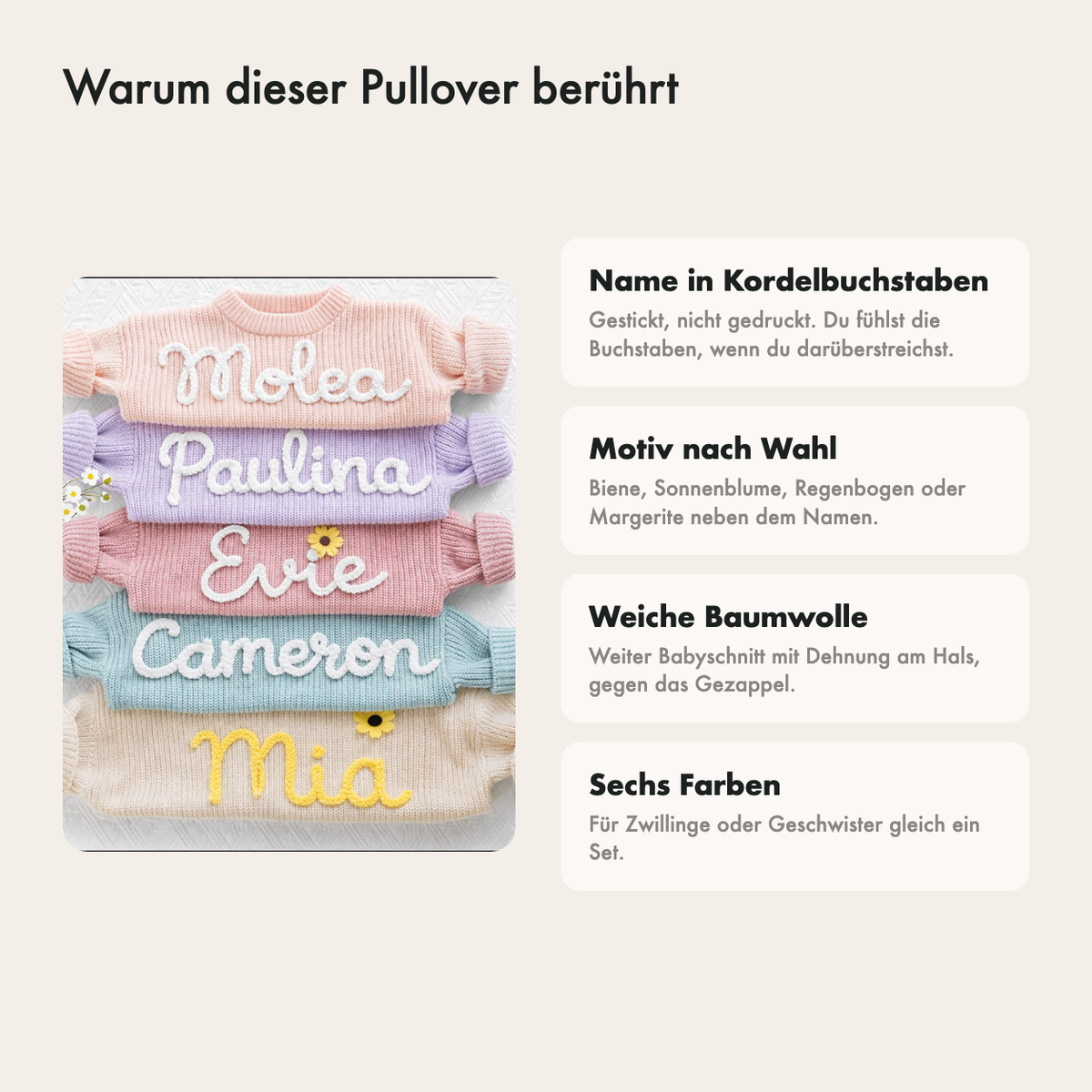 Warum dieser Pullover besonders ist: Name in dicken Kordelbuchstaben, weiche Baumwolle, sechs Farben und ein Motiv nach Wahl