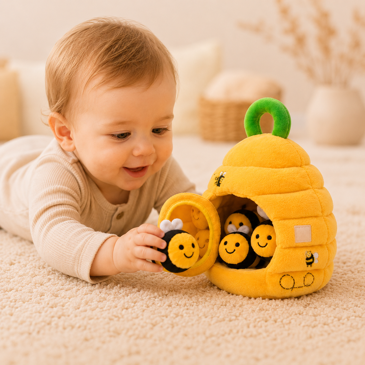 Baby spielt auf dem Bauch mit dem Plüsch-Bienenstock und den Bienen