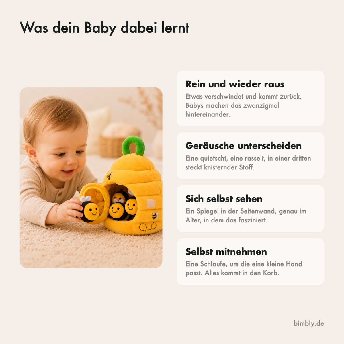Was dein Baby mit dem Plüsch-Bienenstock lernt: hinein- und herausnehmen, Geräusche entdecken, zählen und fühlen