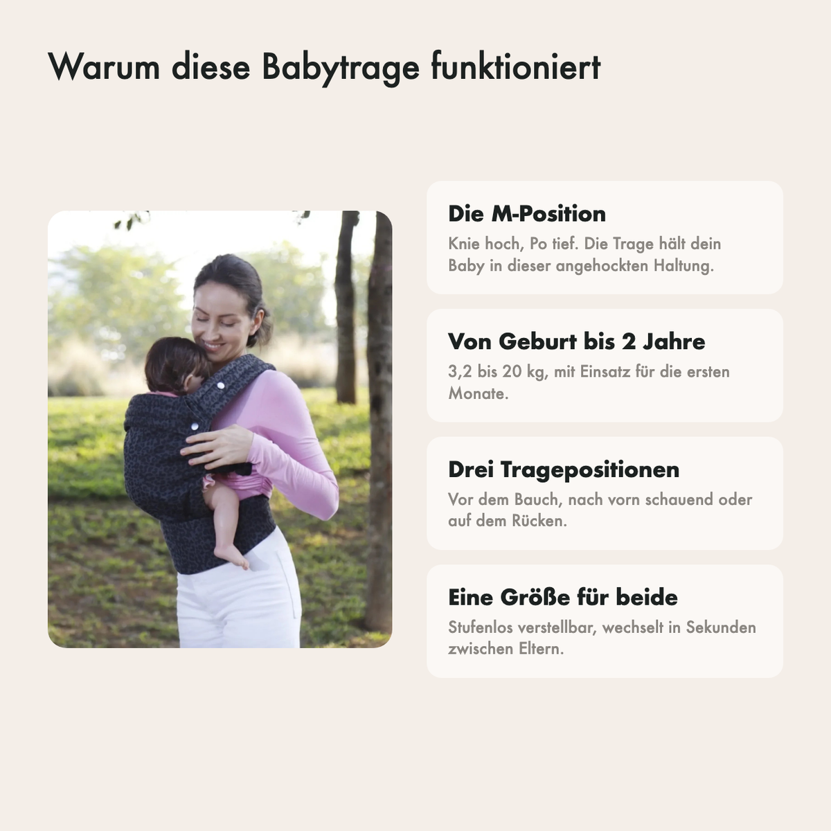 Warum diese Babytrage funktioniert: M-Position, von der Geburt bis zwei Jahre, drei Positionen und eine Größe für beide Eltern