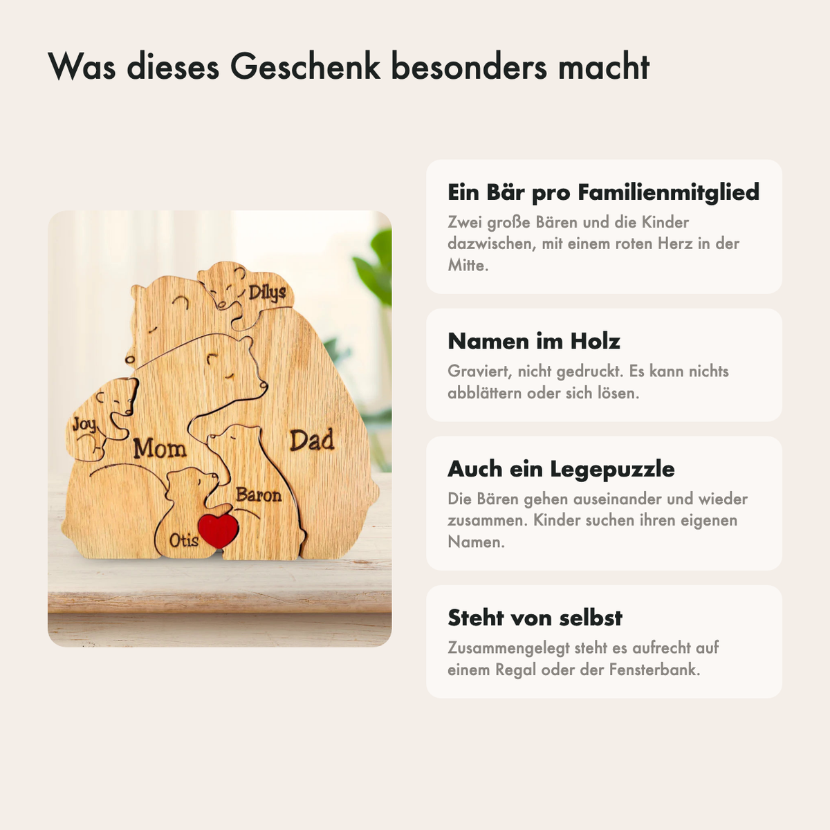 Was dieses Geschenk besonders macht: Namen im Holz, ein Bär pro Familienmitglied, auch ein Legepuzzle und es bleibt stehen