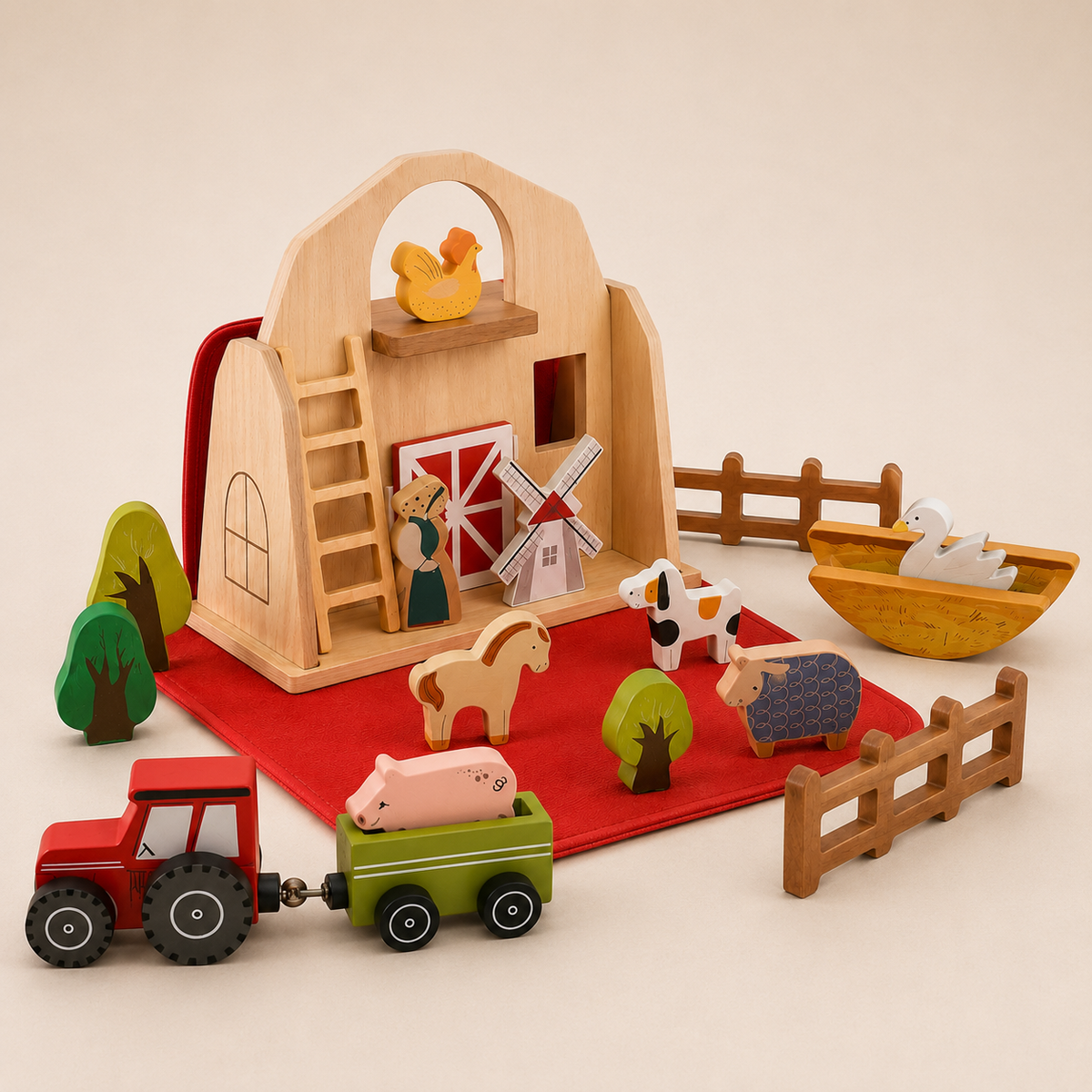 Die Bauernhoftiere aus Holz und Filz im Detail