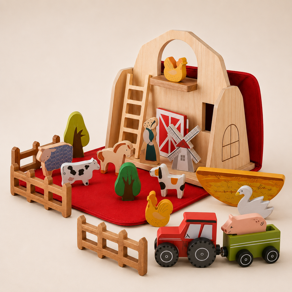 Bauernhof aus Holz mit Scheune, Traktor, Tieren und Zäunen
