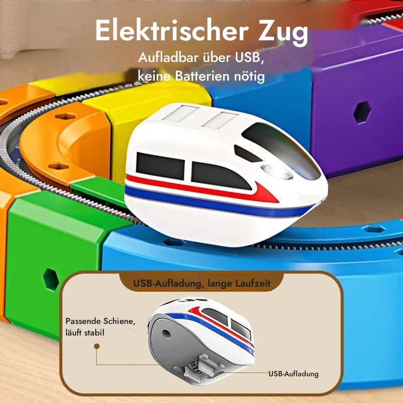 Der weiße Zug fährt selbst über die Schiene
