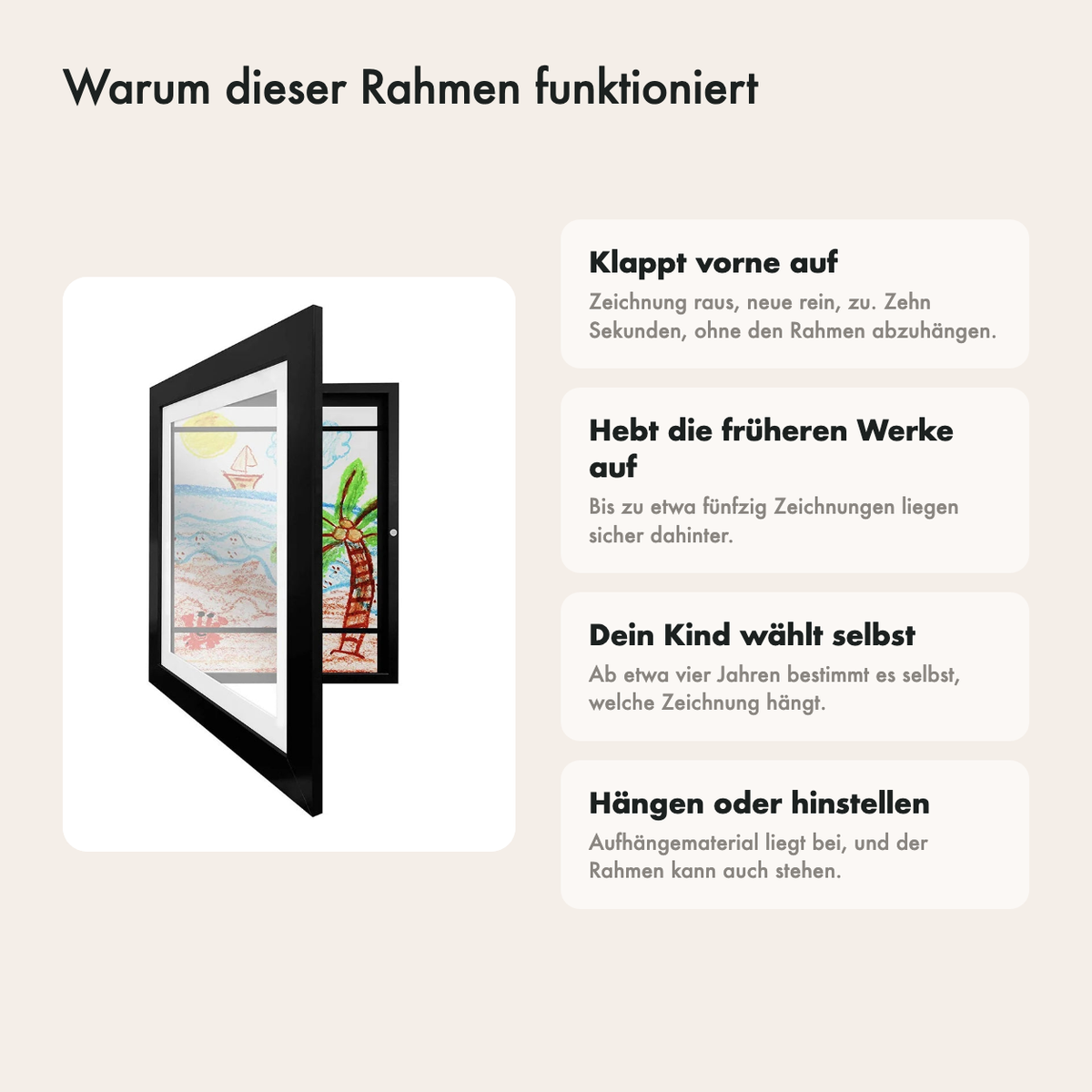 Warum dieser Rahmen praktisch ist: klappt auf, bewahrt bis zu fünfzig Werke, hängen oder stellen und drei Farben