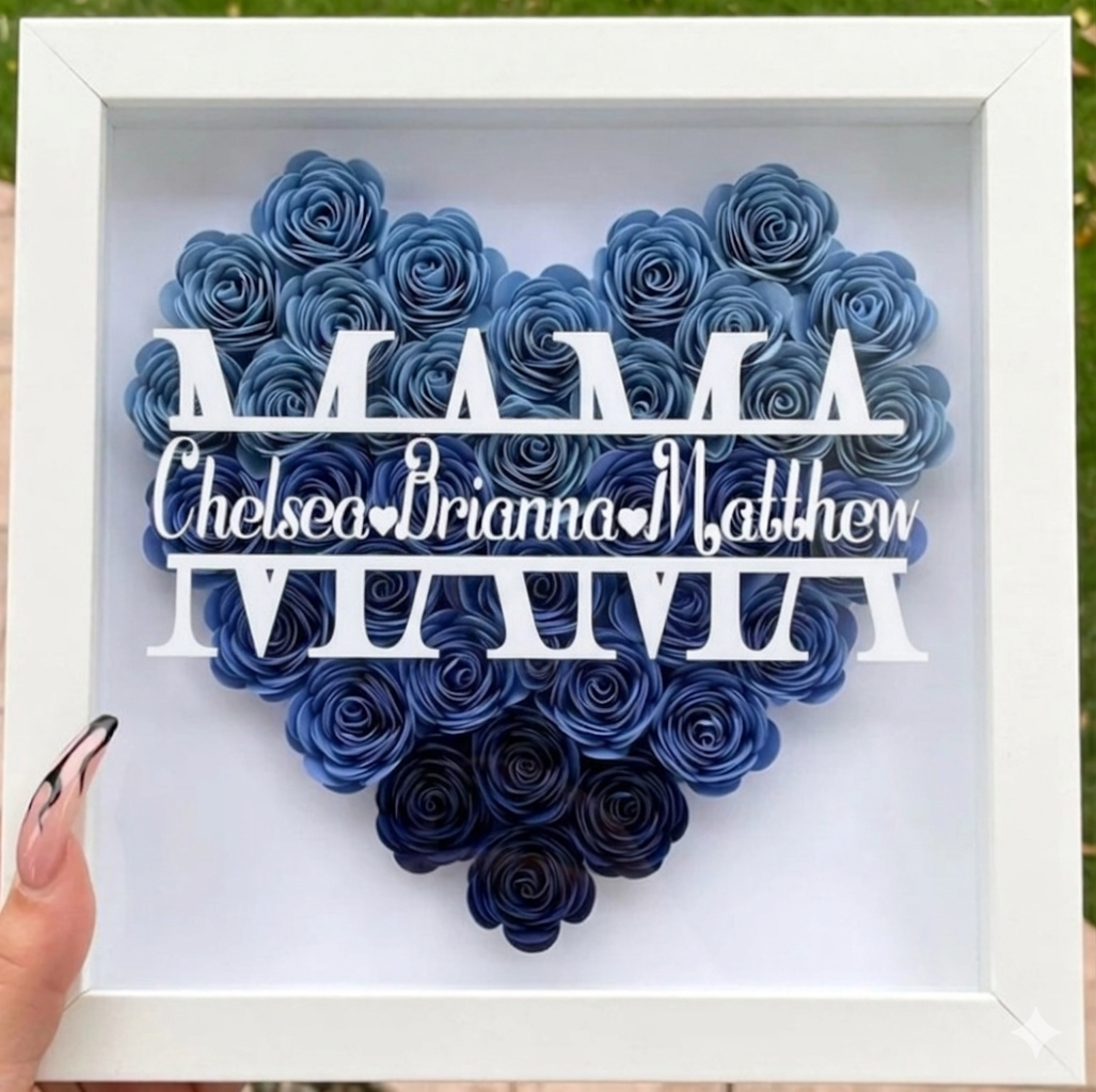 Blaues Rosenherz mit Namen im weißen Rahmen