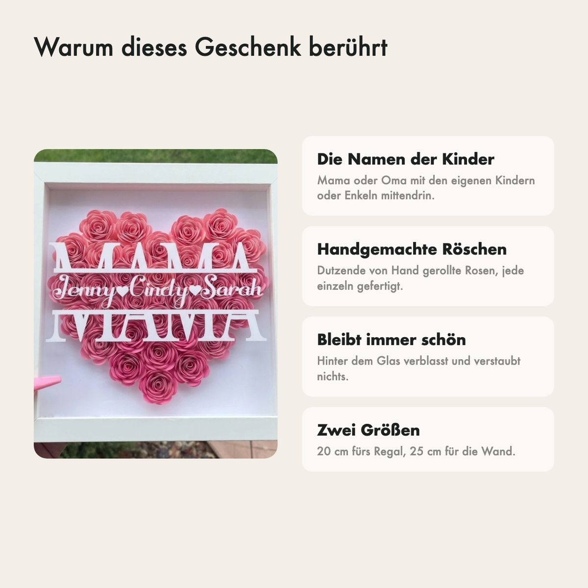 Warum dieses Geschenk berührt: die Namen der Kinder, handgefertigte Röschen, bleibt immer schön und zwei Größen