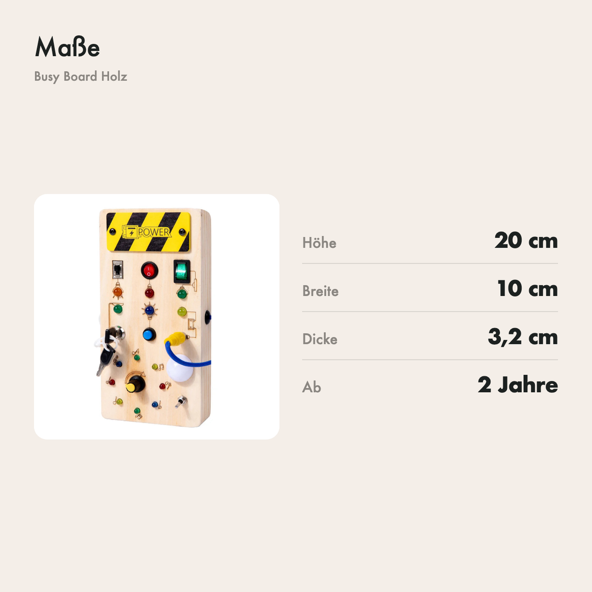 Maße des Busy Boards: 20 x 10 x 3,2 cm