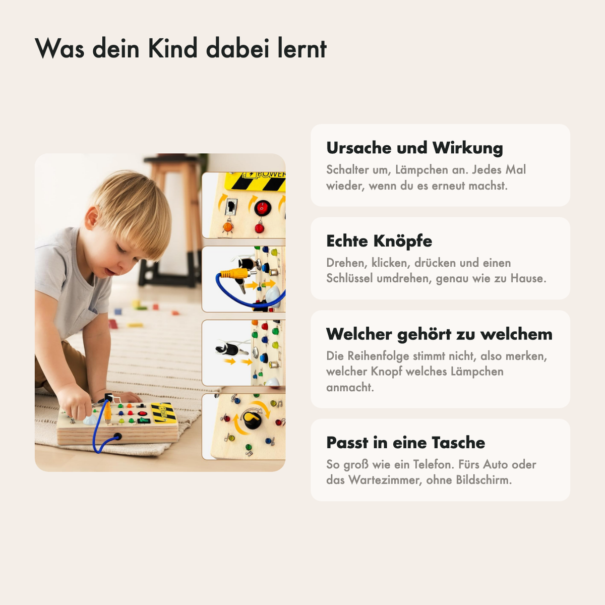 Was dein Kind mit dem Busy Board lernt: Ursache und Wirkung, Farben zuordnen, Finger üben und selbstständig spielen