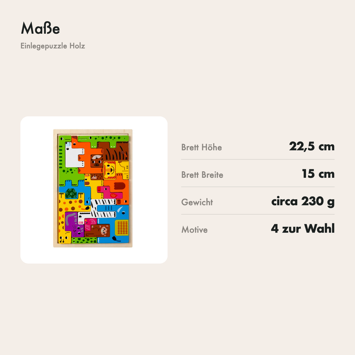 Maße des Einlegepuzzles aus Holz: Brett von 22,5 x 15 cm