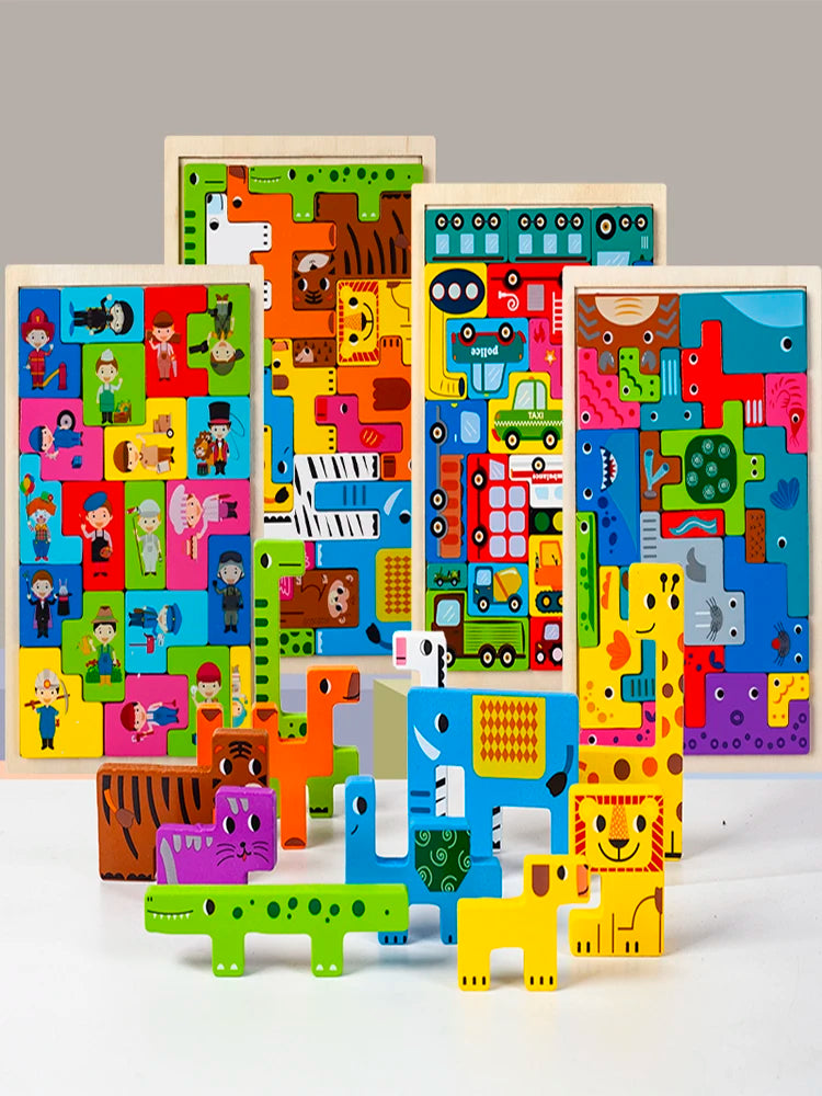 Die vier Motive des Einlegepuzzles aus Holz nebeneinander