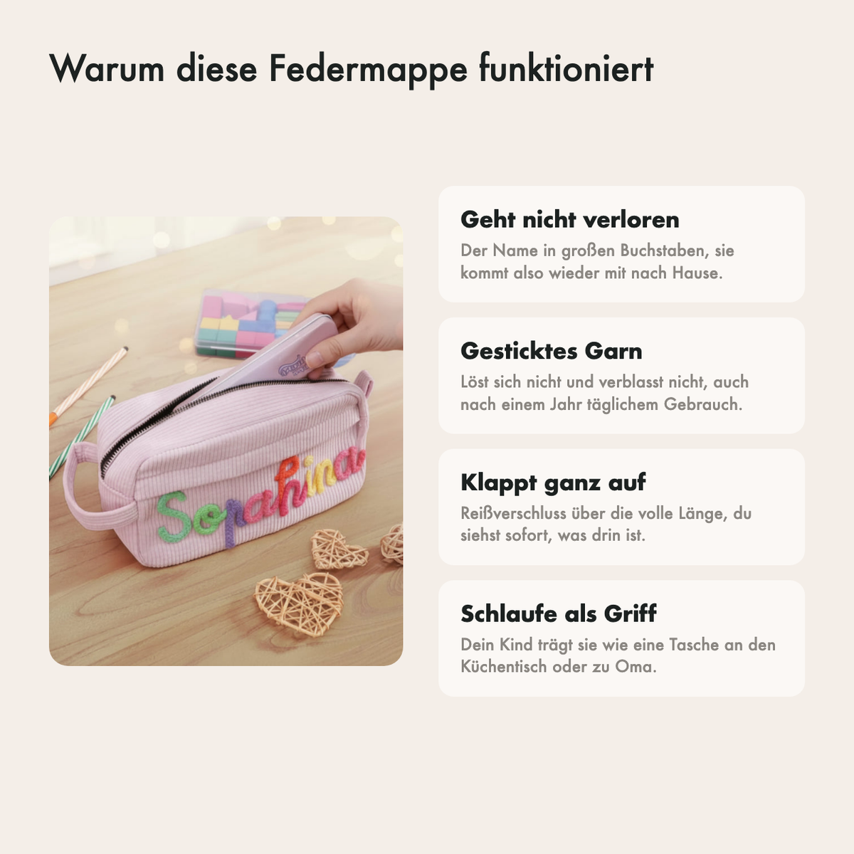 Warum diese Federmappe praktisch ist: eigener Name, großes Hauptfach, Griff und sechs Farben