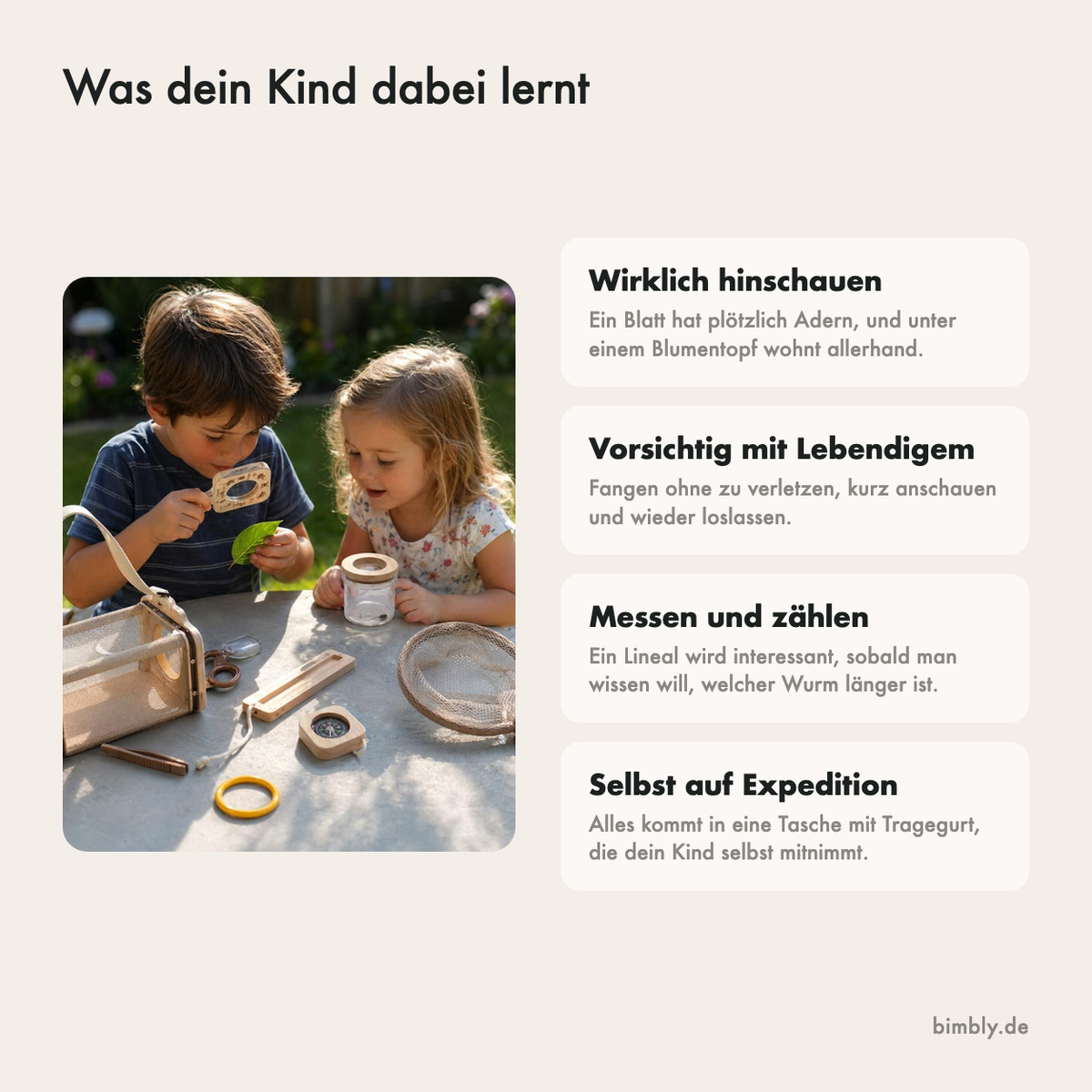 Was dein Kind mit dem Forscherset lernt: genau hinschauen, vorsichtig mit Tieren umgehen, messen und den Weg finden