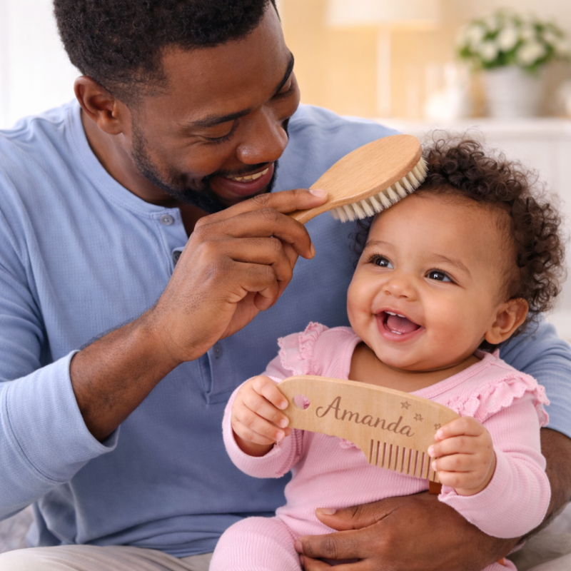 Vater kämmt das Haar seines Babys mit der weichen Bürste