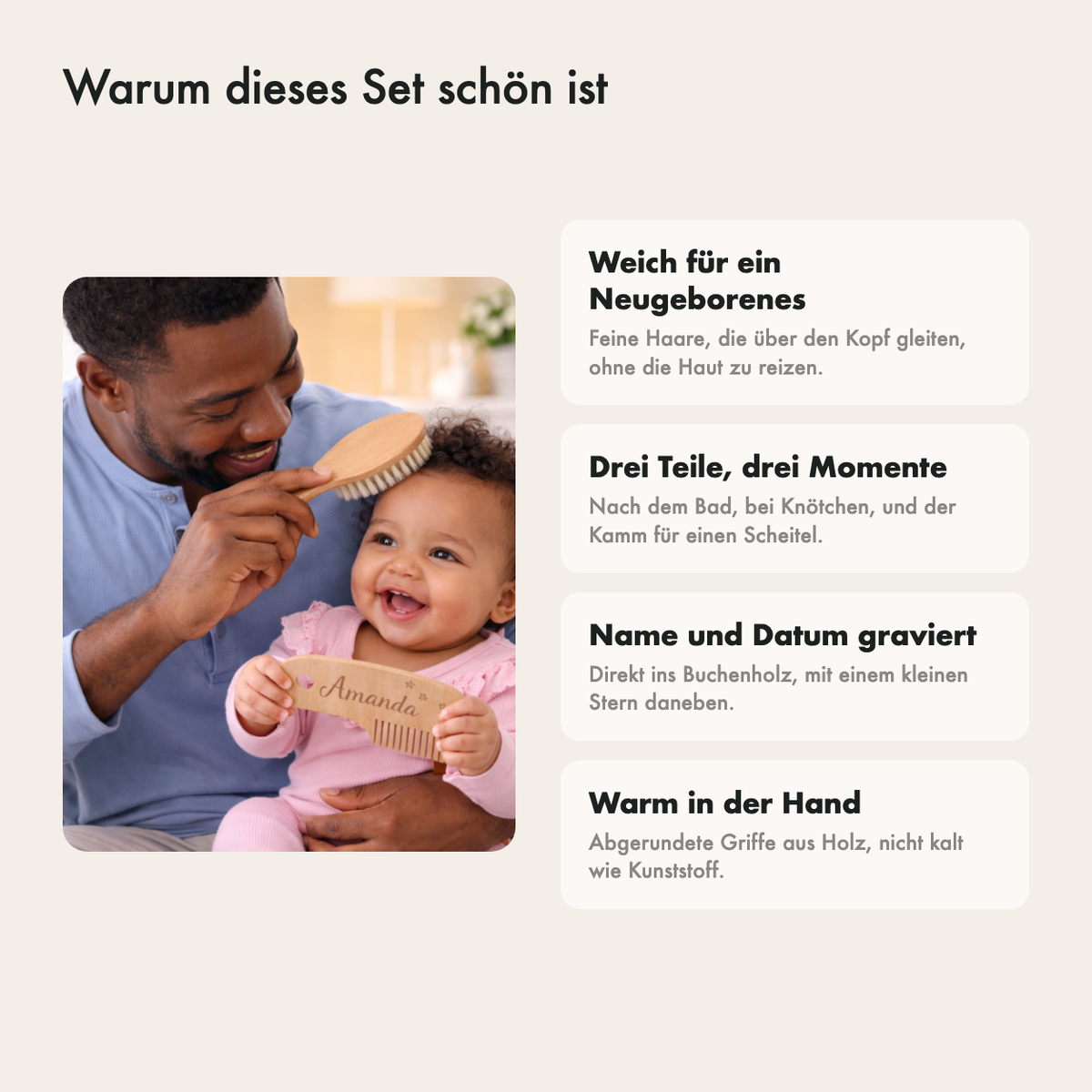 Warum dieses Set gut ist: weiche Borsten, Massagebürste, gravierter Name und Buchenholz