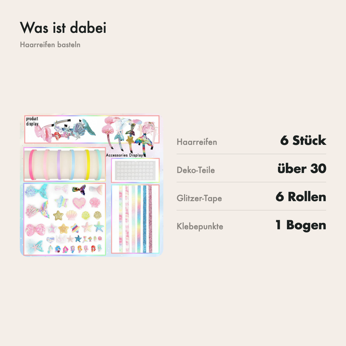 Was im Bastelset enthalten ist: Haarreifen, Deko-Teile, Tape und Klebepunkte