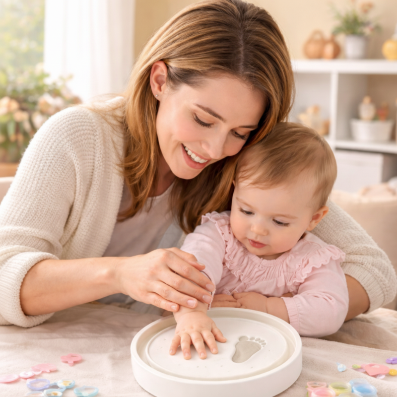 Mutter macht gemeinsam mit ihrem Baby einen Handabdruck im Ton