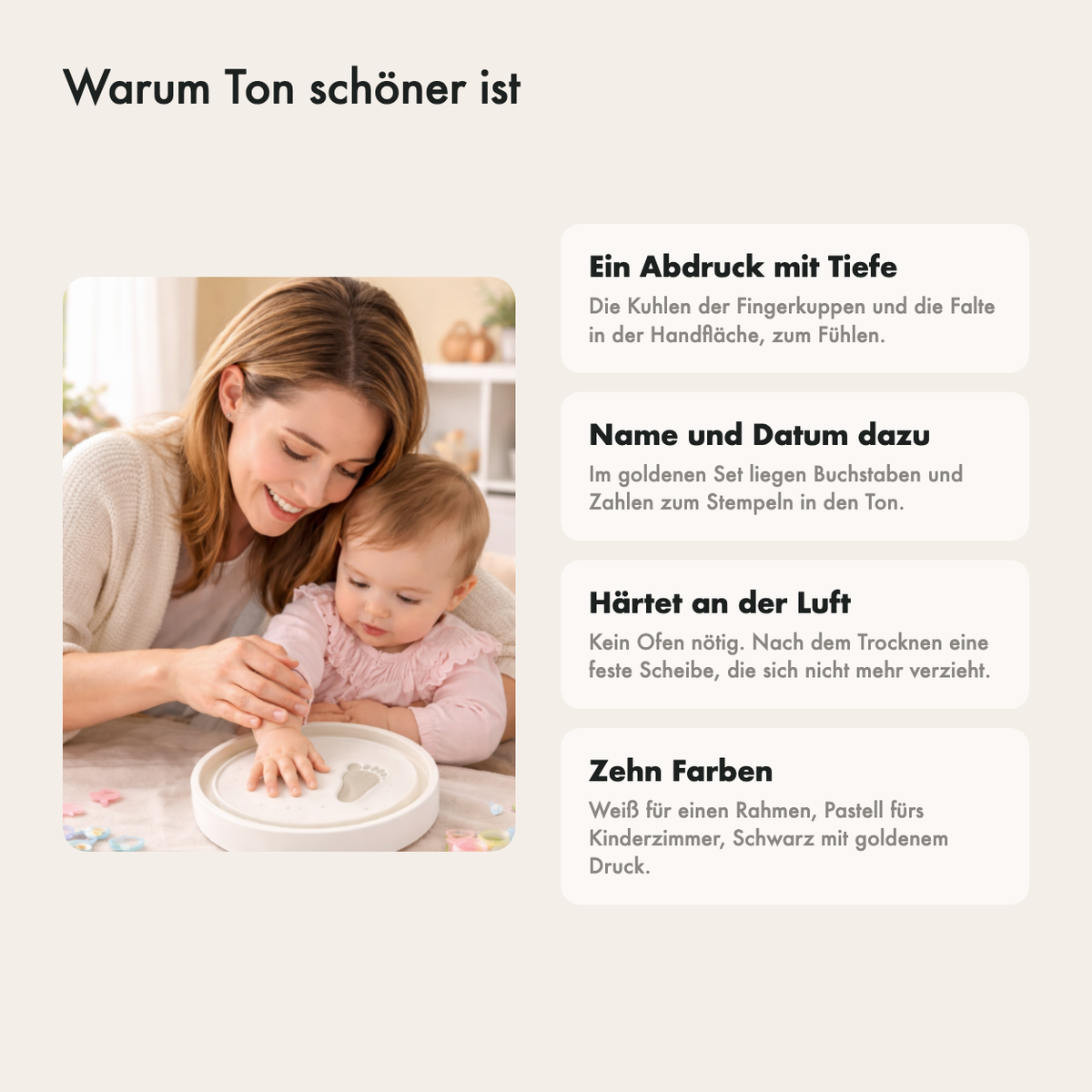 Warum dieses Ton-Set funktioniert: tiefer Abdruck, Name und Datum dazu, trocknet an der Luft und zehn Farben