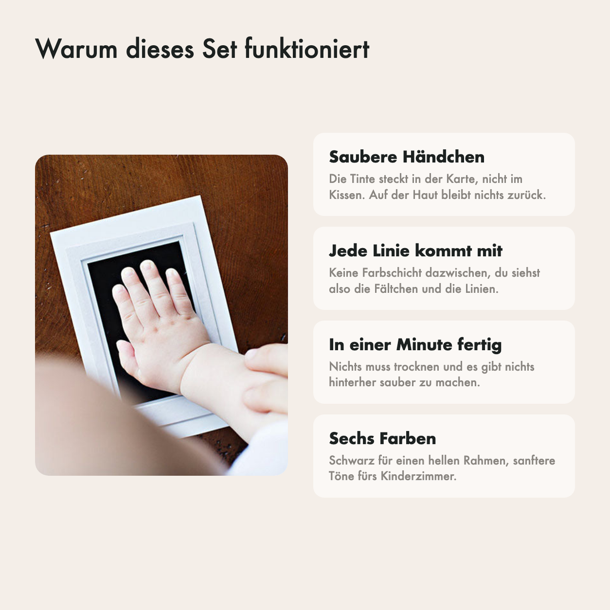 Warum dieses Abdruckset praktisch ist: saubere Hände, scharfe Linien, sechs Farben und in einer Minute fertig