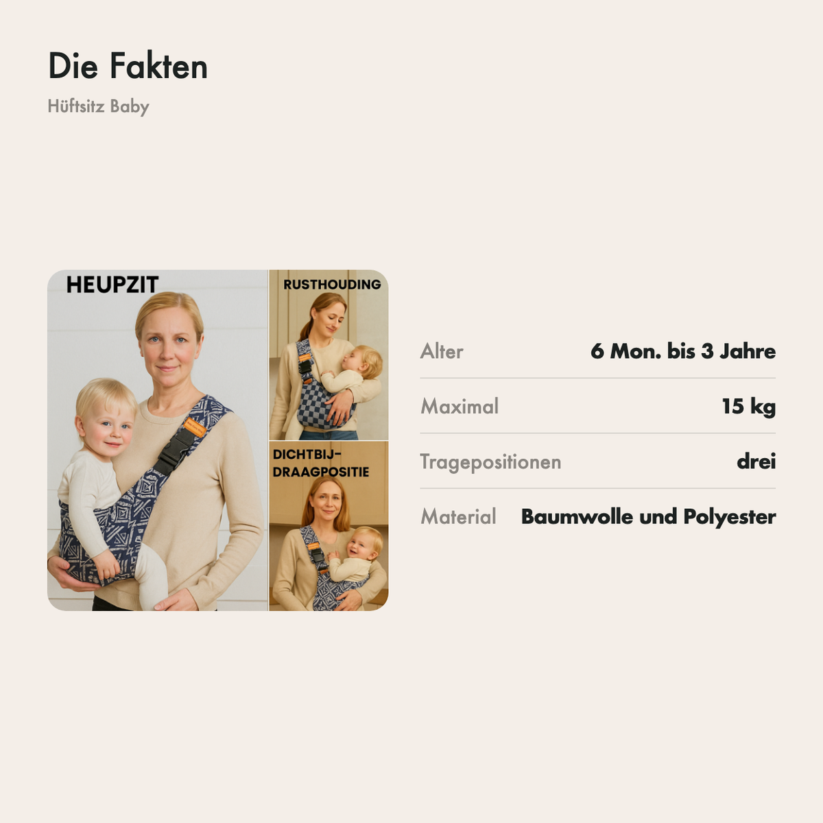Die wichtigsten Fakten: ab 6 Monaten, bis 15 kg, drei Tragepositionen