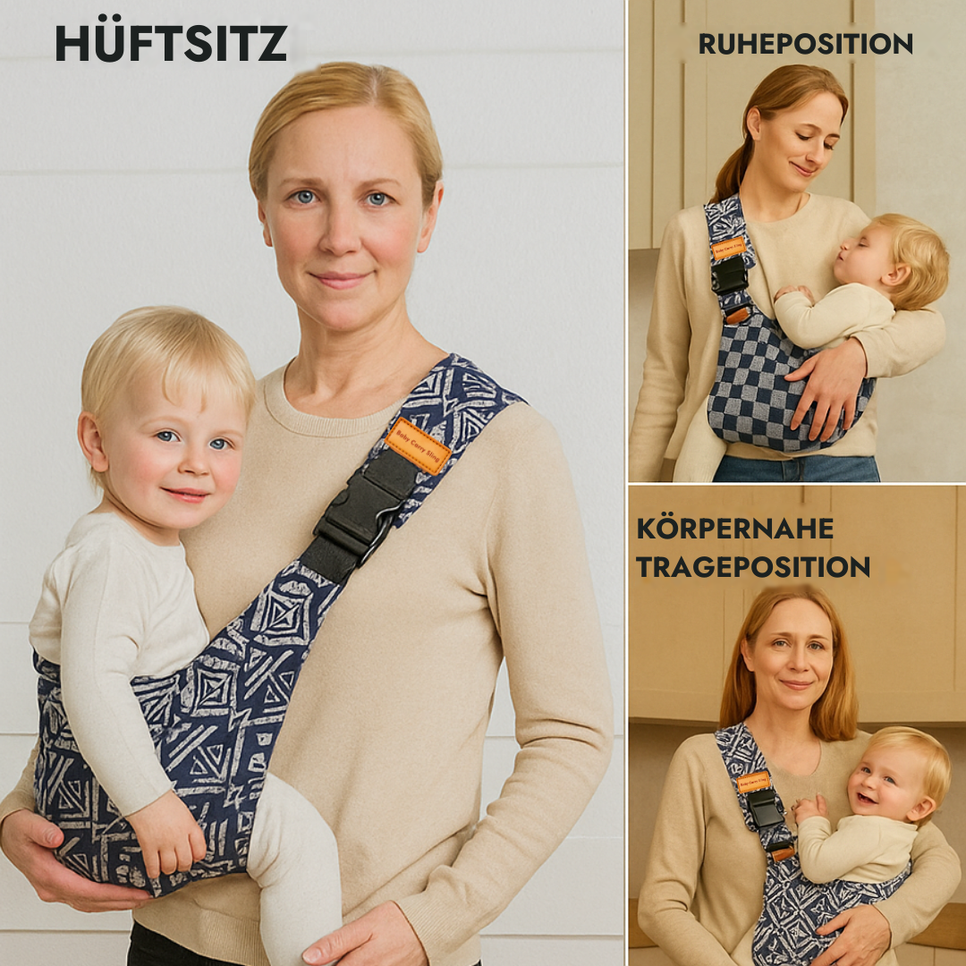 Die drei Tragepositionen: Hüftsitz, Ruheposition und Nah-am-Körper-Position