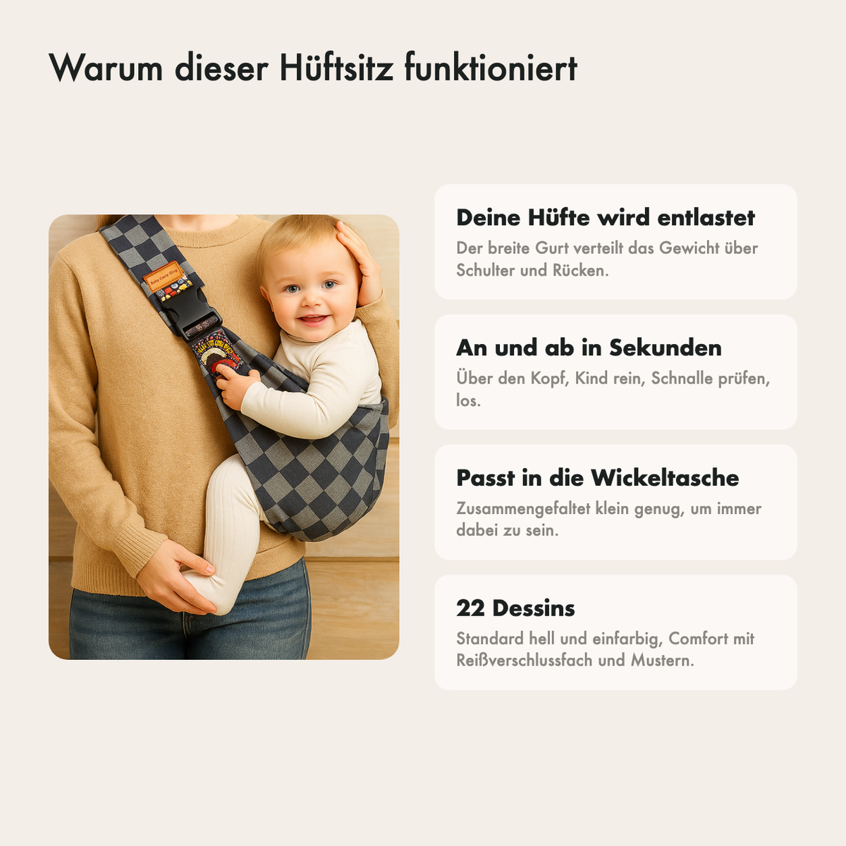 Warum dieser Hüftsitz funktioniert: entlastet die Hüfte, schnell an und ab, passt in die Tasche und 22 Muster