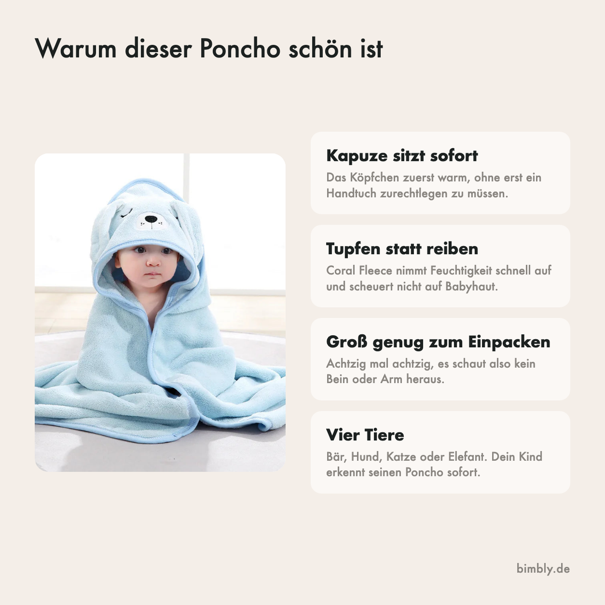 Warum dieses Kapuzenhandtuch gut ist: nimmt Feuchtigkeit schnell auf, hält das Köpfchen warm, großes Format und vier Tiere