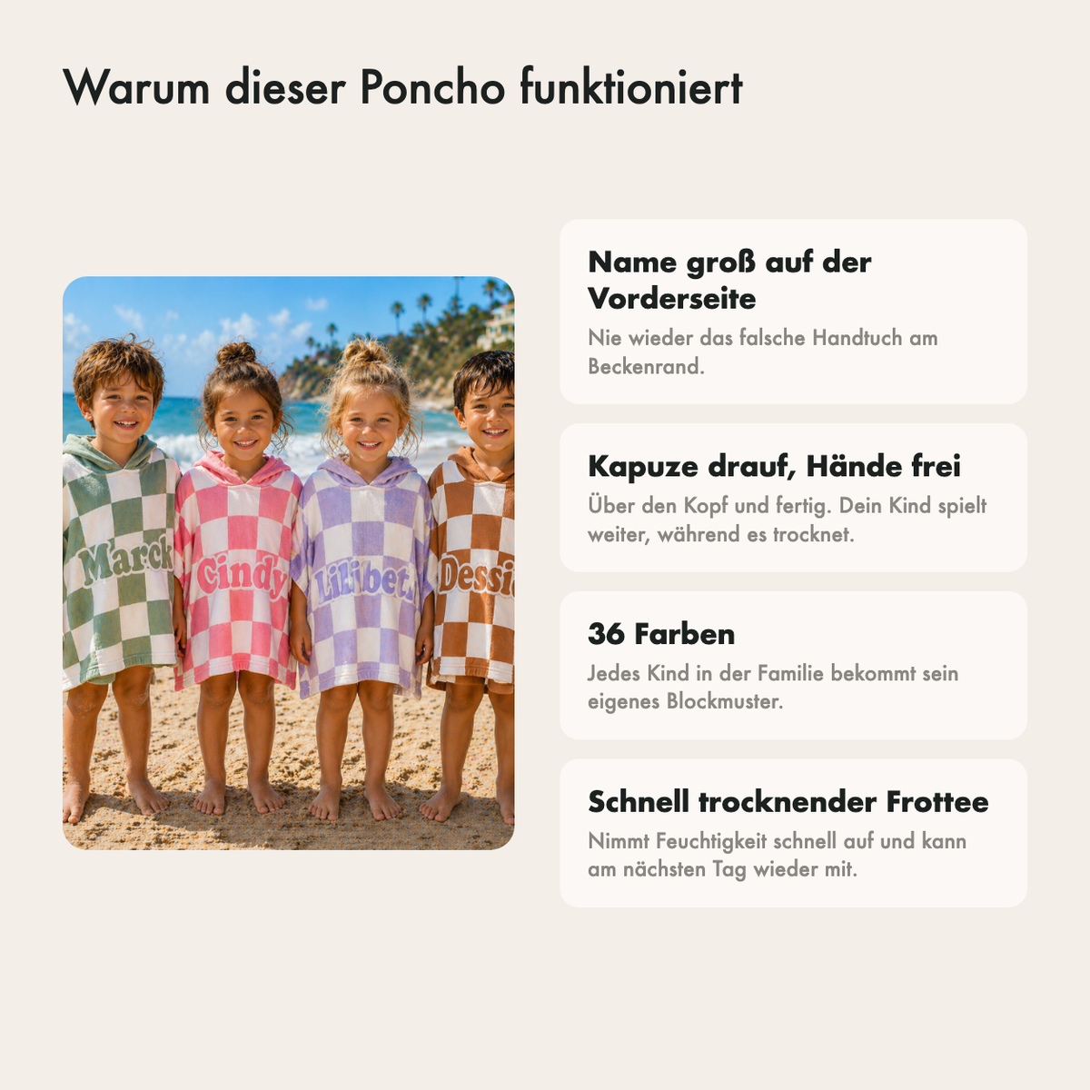 Warum dieses Kapuzenhandtuch funktioniert: Name groß auf der Vorderseite, Kapuze, Hände frei und 36 Farben