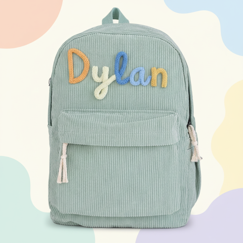 Grüner Cord-Rucksack mit gesticktem Namen
