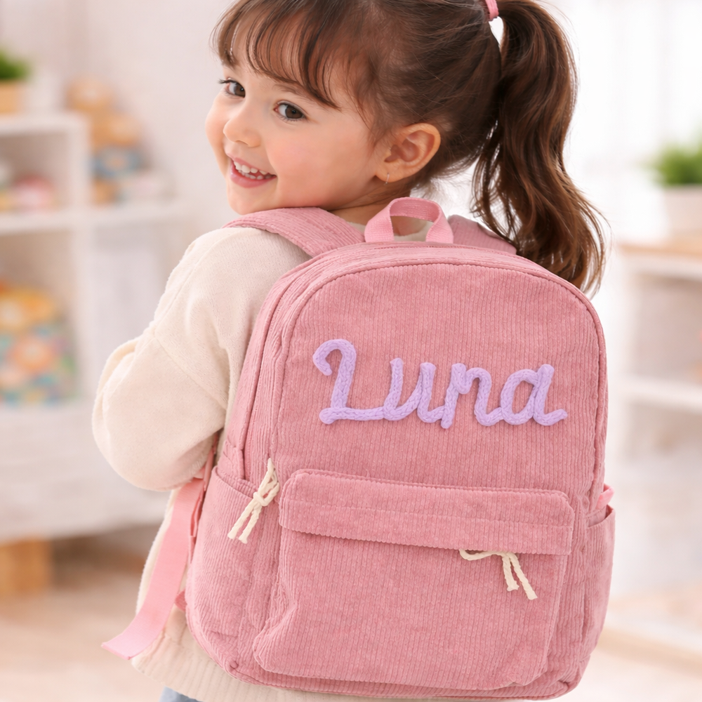 Mädchen trägt den rosa Cord-Rucksack mit ihrem Namen darauf gestickt