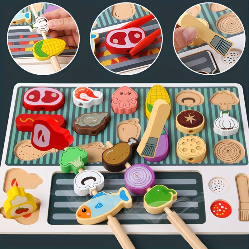 Kindergrill aus Holz mit Grillplatte, Fleisch, Gemüse und Spießen